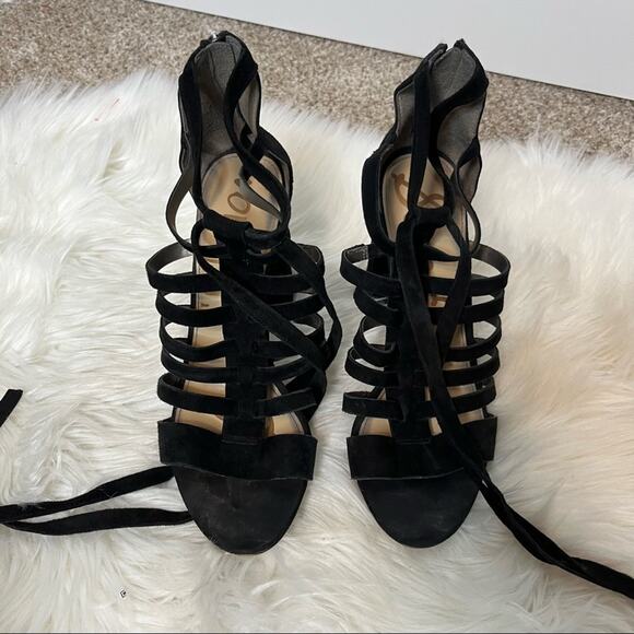 Sam Edelman Yarina Black Lace Up Suede Open Toe Heeled Sandals Size 8.5 - Picture 2 of 5